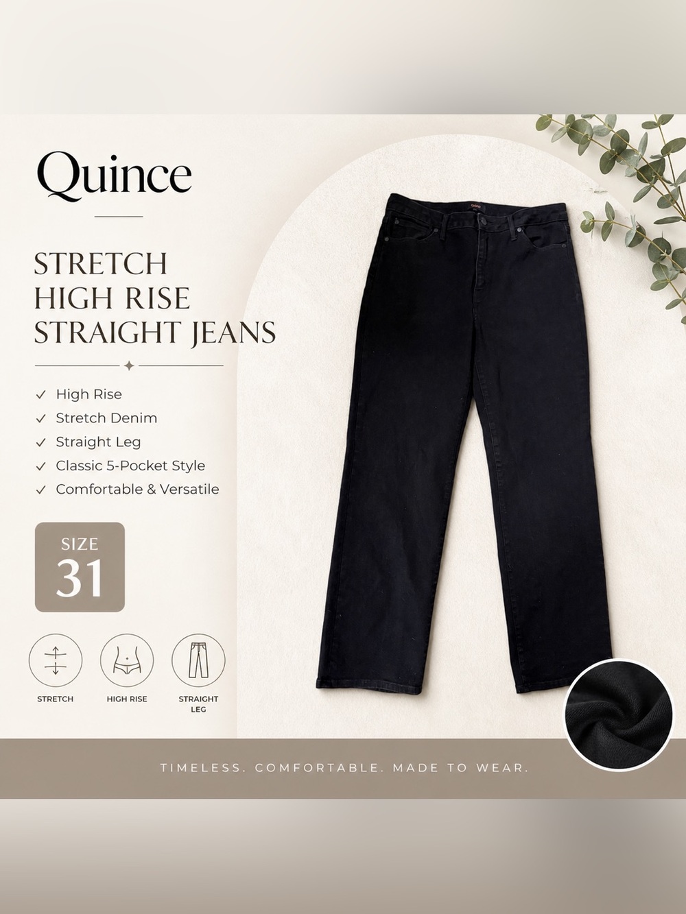 Quince Stretch High Rise Straight Jeans size 31 Organic Cotton